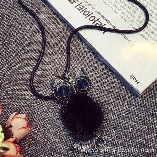 Cute Metal Owl Charm With Fur Pom Cool Chokers Necklace